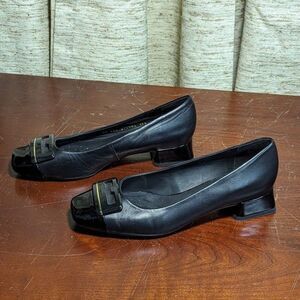 Geox Respira EU 38.5 Black Italian Patent Leather Block Heels Old Money Classic